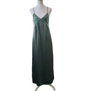Sablyn 100% Silk Maxi Slip Dress Green V-Neck Side Slits USA Womens XS Fairycore